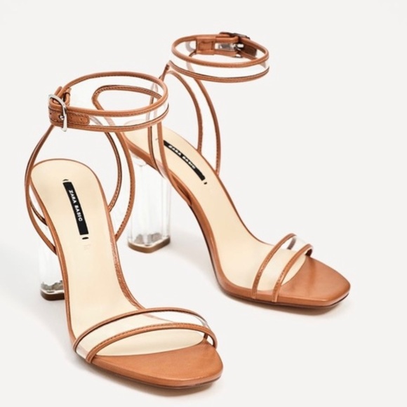 Zara Shoes - *SOLD* ZARA CLEAR VINYL TRANSPARENT STRAPPY HIGH HEELS with Tan Beige Trim